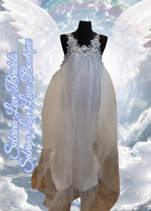 "HEAVENLY" White & Ice Blue Lace & Sequin & Tulle Wedding Ballgown & Headpiece Set