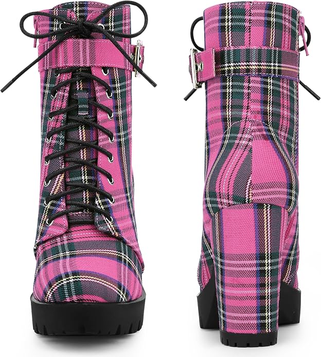 Collegecore Pink Tartan Plaid Round Toe Platform Combat Ankle Boots