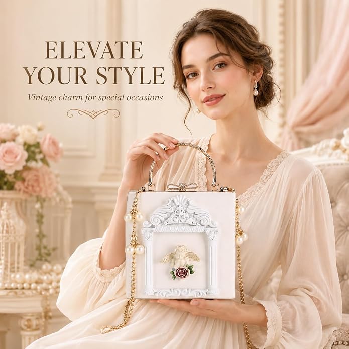 Elegant Ethereal Romance White & Gold Angel Handbag Clutch Purse