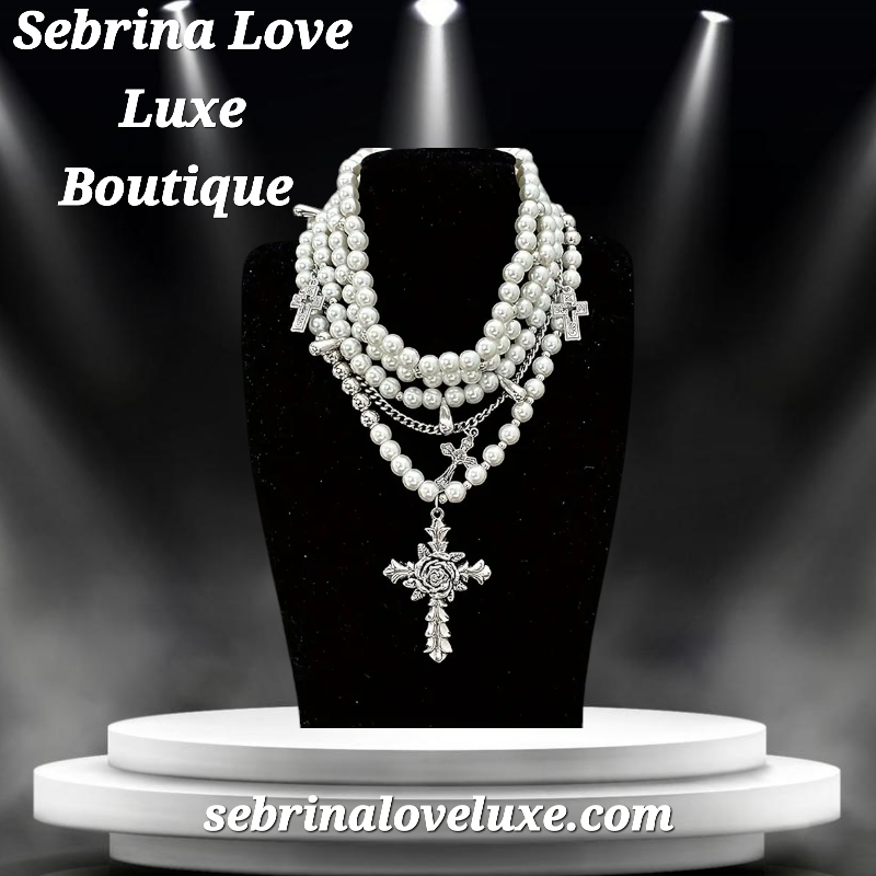 Romantic Medieval Multi-Strand  Faux Pearl Rhinestone Cross Necklace