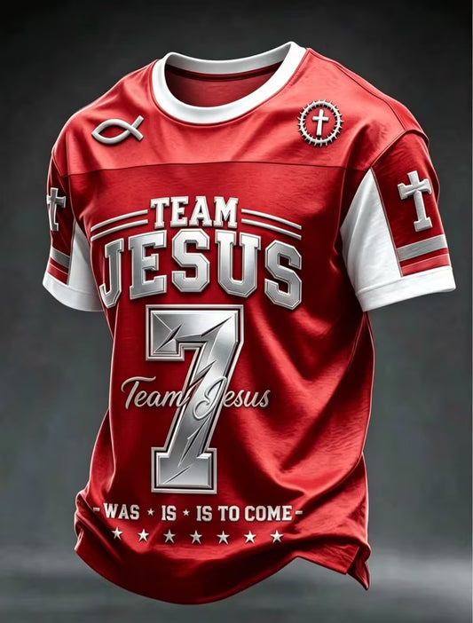 Inspirational "TEAM JESUS" Red & White Christian Printed Graphic Scripture Short Sleeve Football Jersey