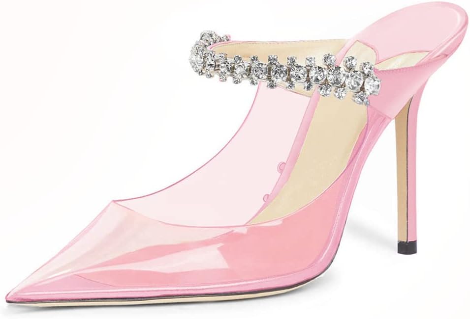 Sexy Baby Pink Clear Transparent Jewel Embellished Mule Heels