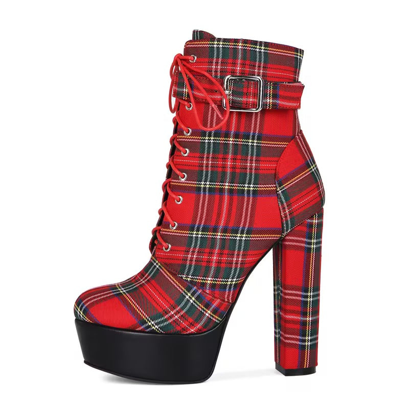 Scottish Inspired Red Stewart Tartan Plaid Round Toe Platform Combat Ankle Boots