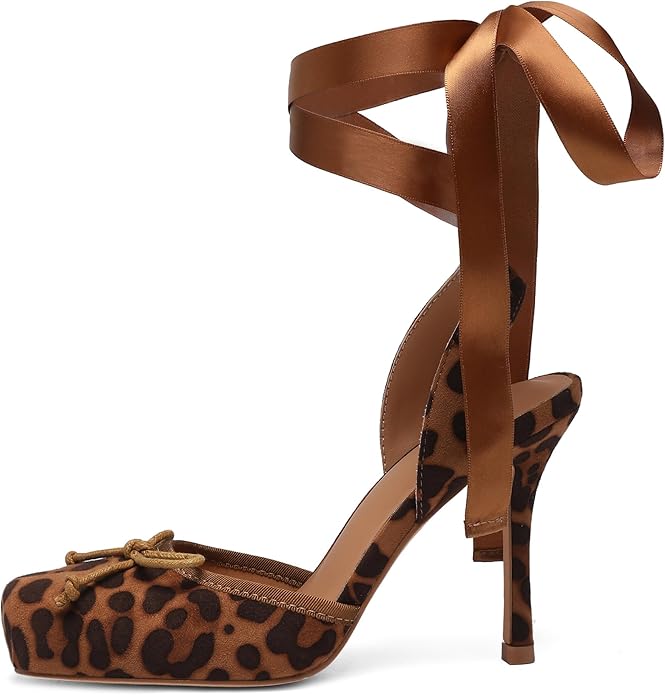 Elegant Romantic Chestnut Brown Animal Print Satin Ribbon Ankle Tie Ballerina Heels