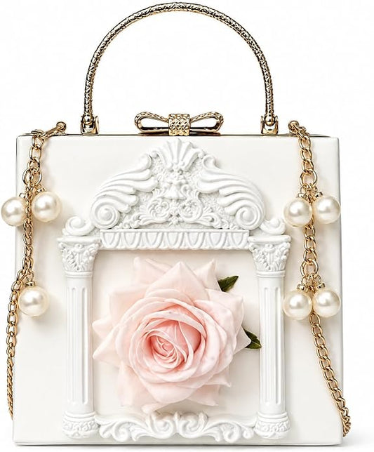 Elegant Ethereal Romance White & Pink Rose Handbag Clutch Purse