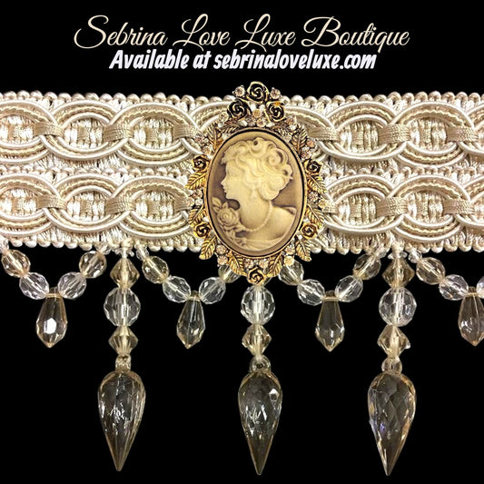 Romance Victorian Style Ivory Beaded Gold Color Cameo Choker Necklace