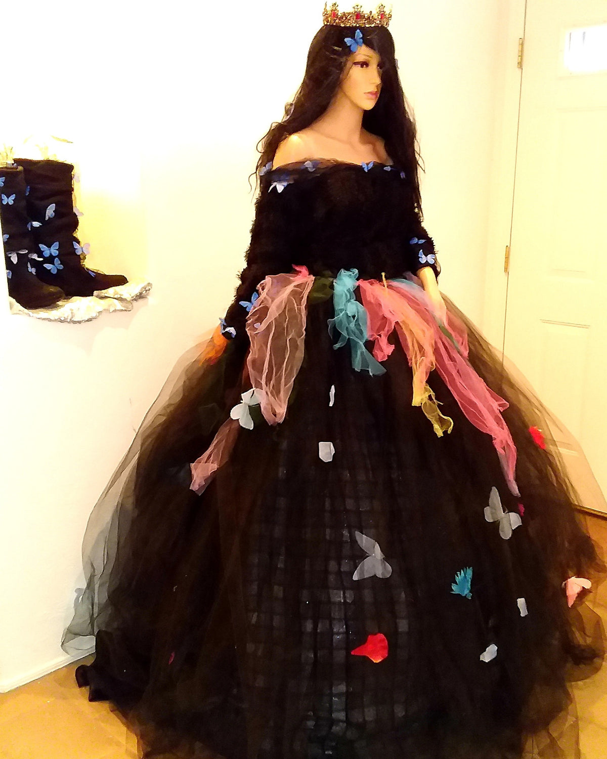 🦋BRANWYN🦋 Custom Order Gothic Romance Black Multicolor Butterfly Lace & Tulle Wedding Ballgown Set