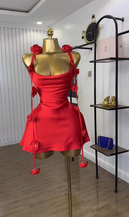 Red Rosette Strappy Draped Neckline Party Dress