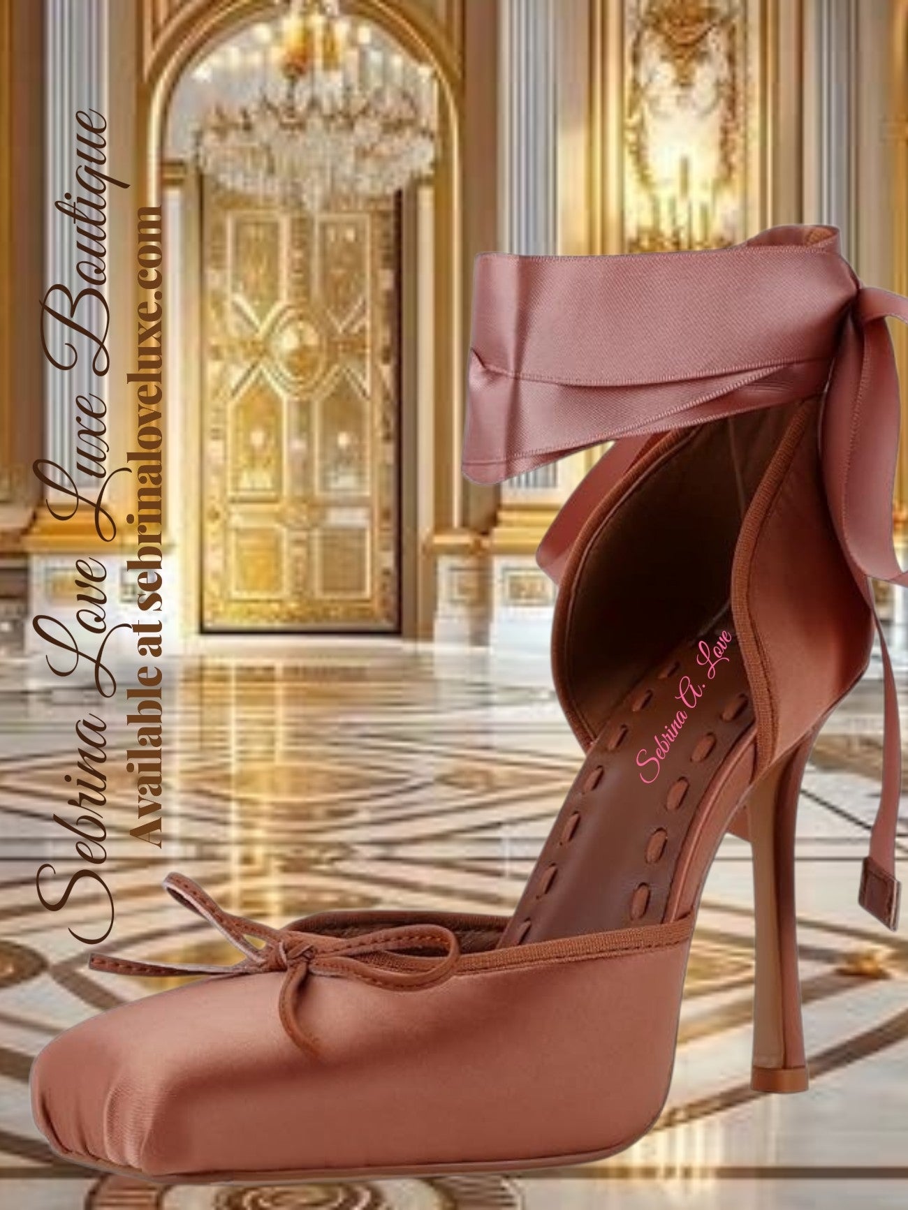 Romantic Chocolate Brown Satin Ribbon Ankle Tie Ballerina Heels