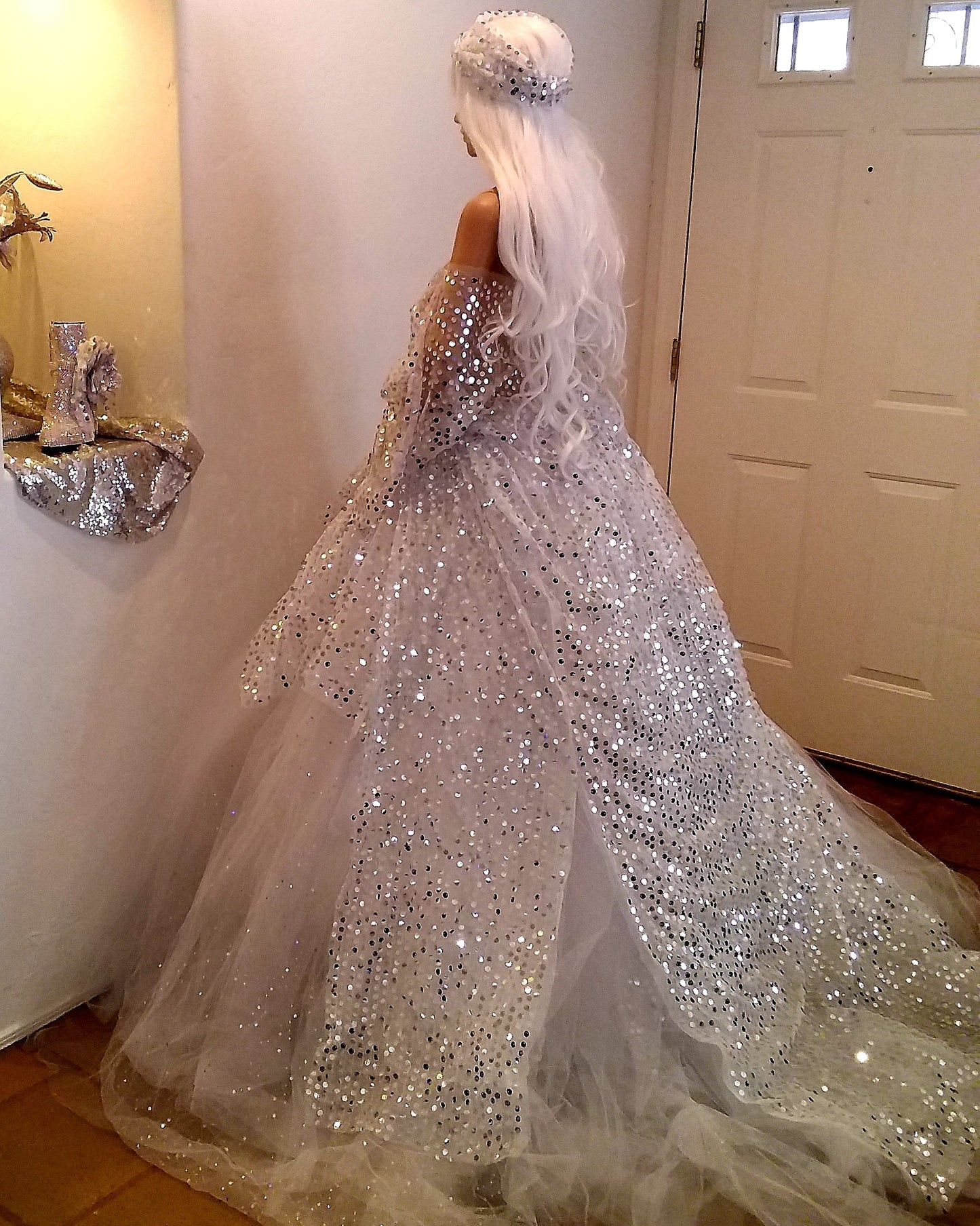 The 💎ISOLDE💎 White & Silver Sequin Crystal Kimono Wedding Ballgown Set