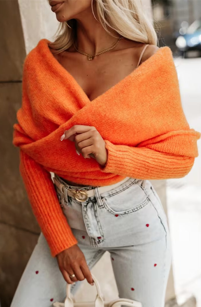 Chic Orange Off The Shoulder Bardot Sweater