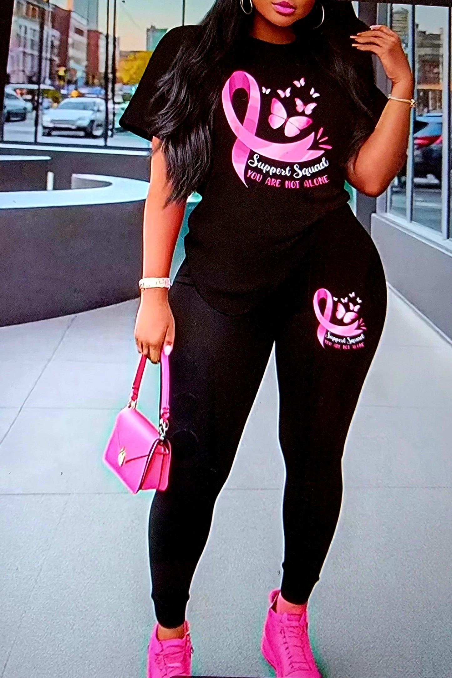 Black & Pink 2pc Breast Cancer Awareness Yoga Fitness T-shirt & Leggings Set