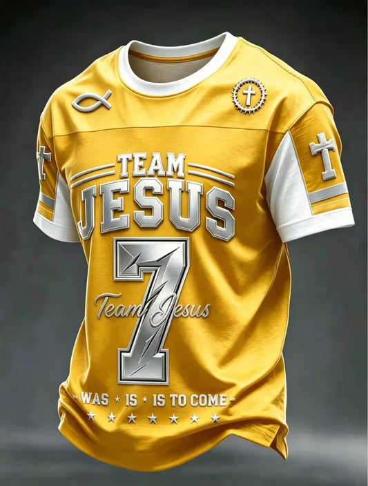 Inspirational "TEAM JESUS" Yellow & White Christian Printed Graphic Scripture Short Sleeve Football Jersey