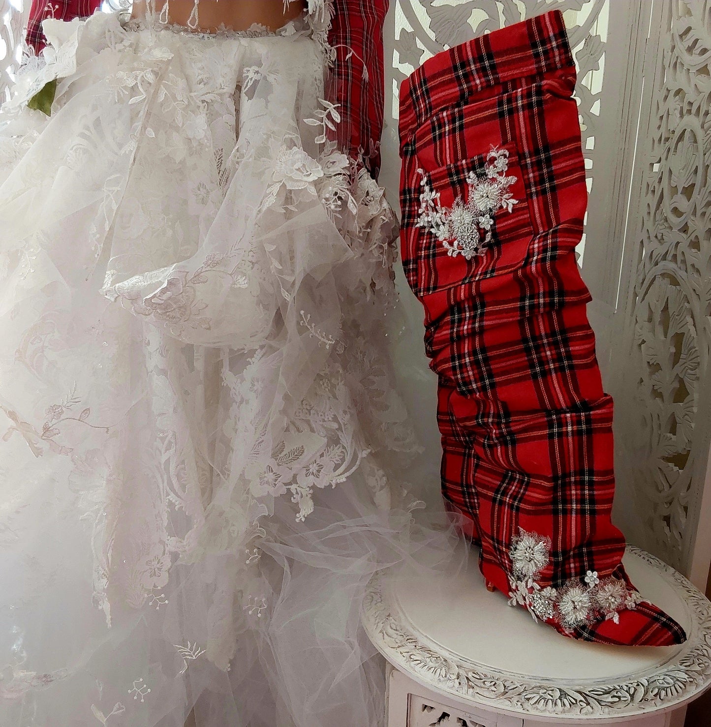 The "MARY STEWART" Scotland Inspired Custom Red Plaid & Lace Thigh Boots