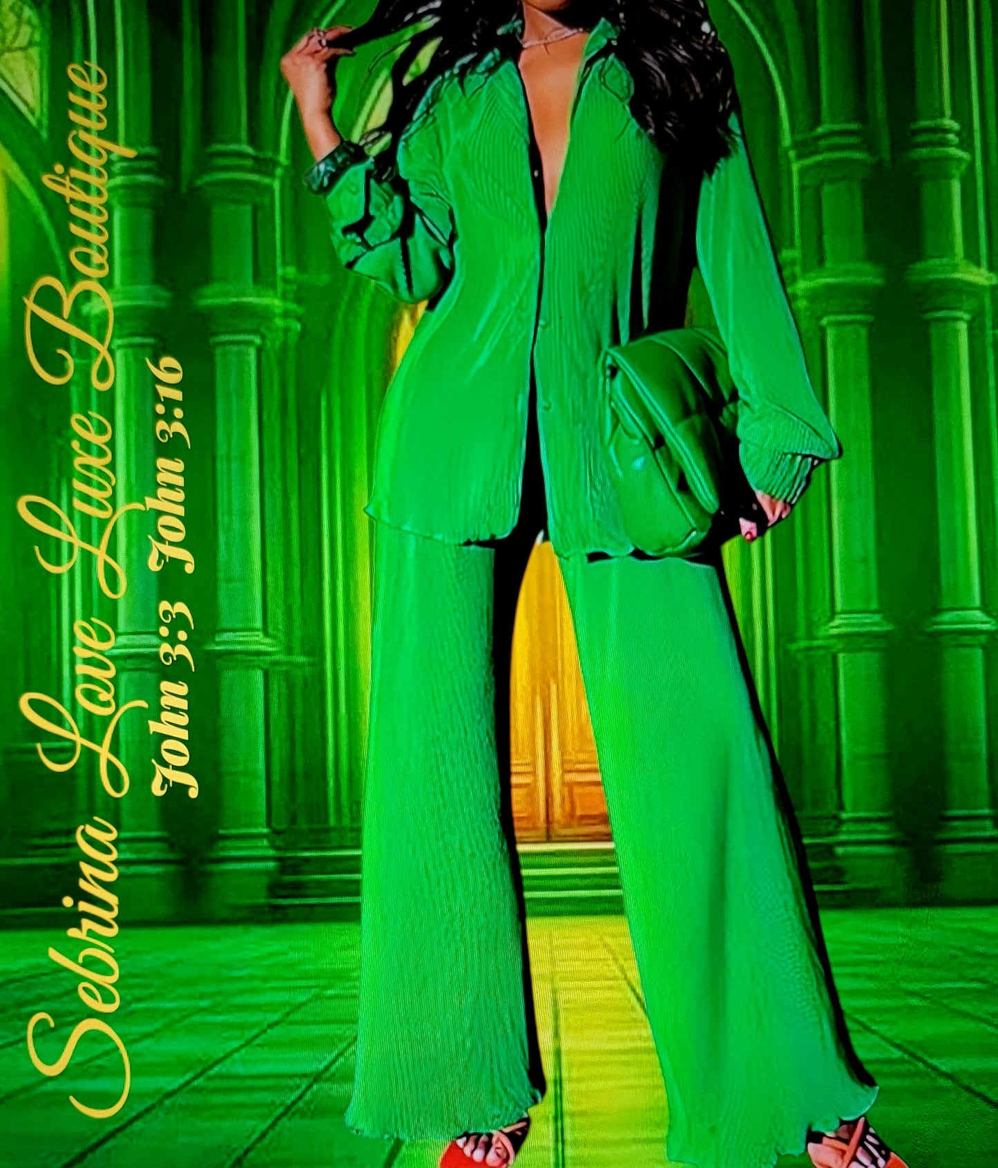 Chic Kelly Green Pleated Tunic Button Closure & Pants Set