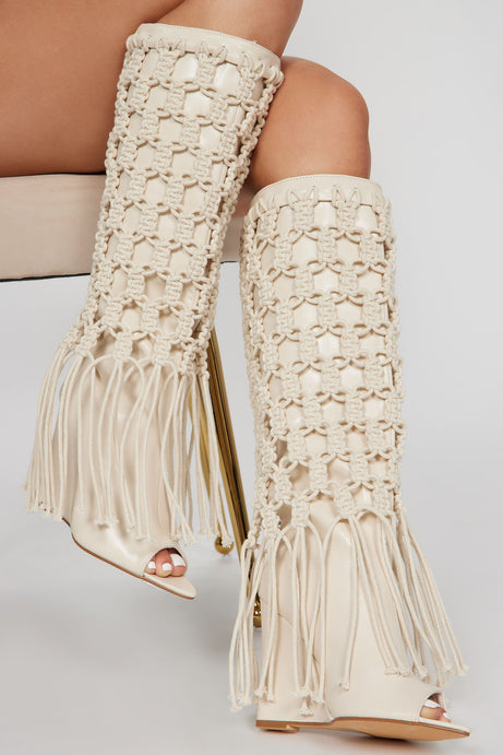 Creamy Ivory Boho Festival Macrame' Knee Boots
