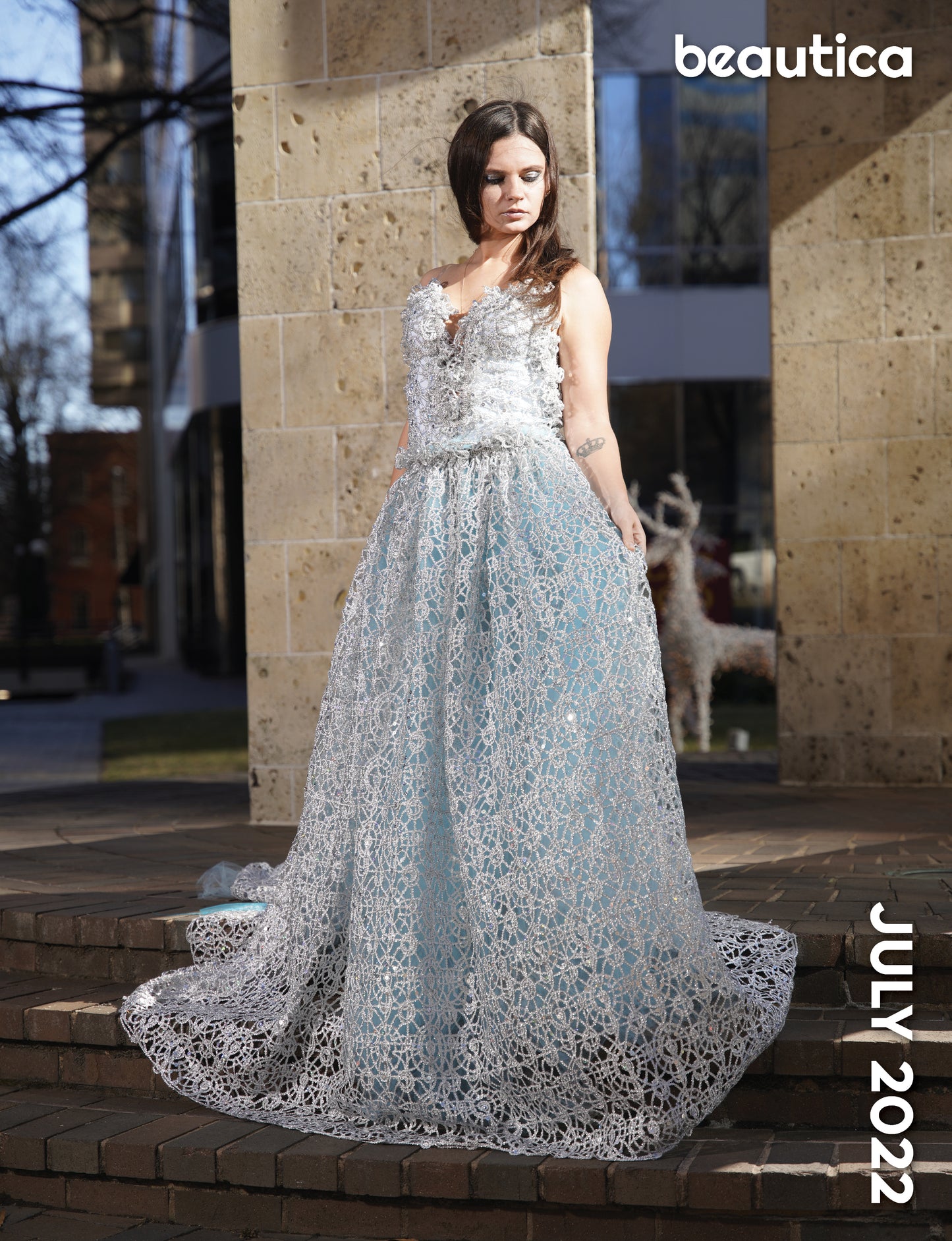 "NIVIA" Silver Lace, Crystal & Blue Tulle Wedding Ballgown Set