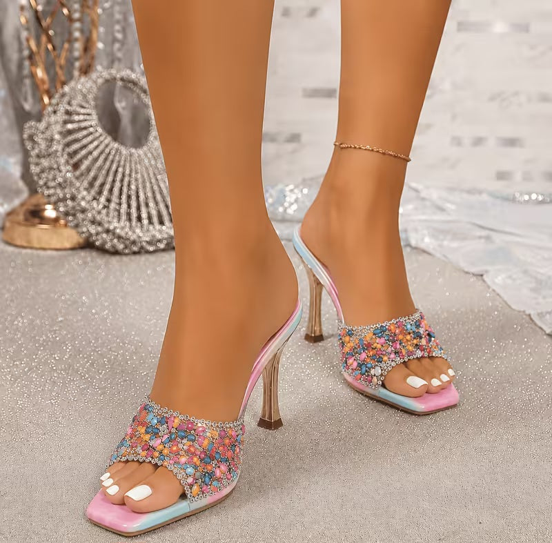 Flirty Rainbow Multicolor Beaded Mules