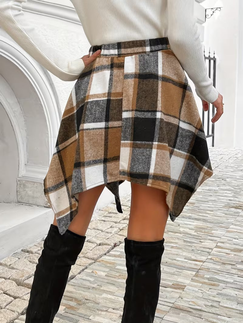 Flirty Cool Brown White & Black Plaid Asymmetrical Handkerchief Mini Skirt