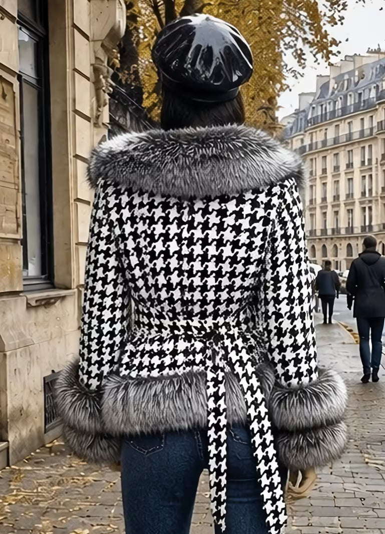 Luxe Black & White Houndstooth Print Faux Fur Trim Sweater Jacket