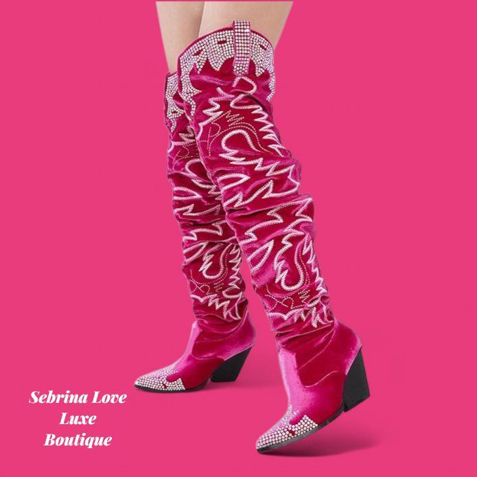 Rustic Chic Pink Velvet Western Festival Western Over The Knee Boots