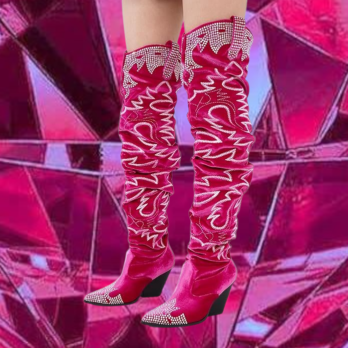 Rustic Chic Pink Velvet Western Festival Western Over The Knee Boots