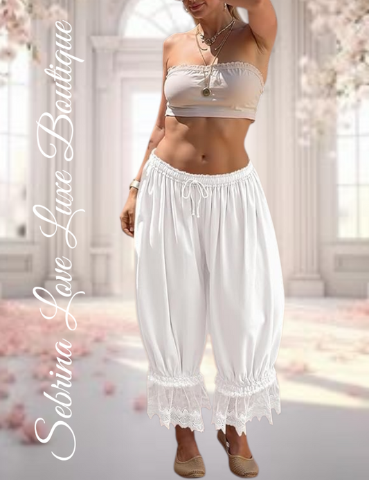 Romantic Victorian Inspired White Boho Wide Leg Pantaloon Bloomer Harem Pants