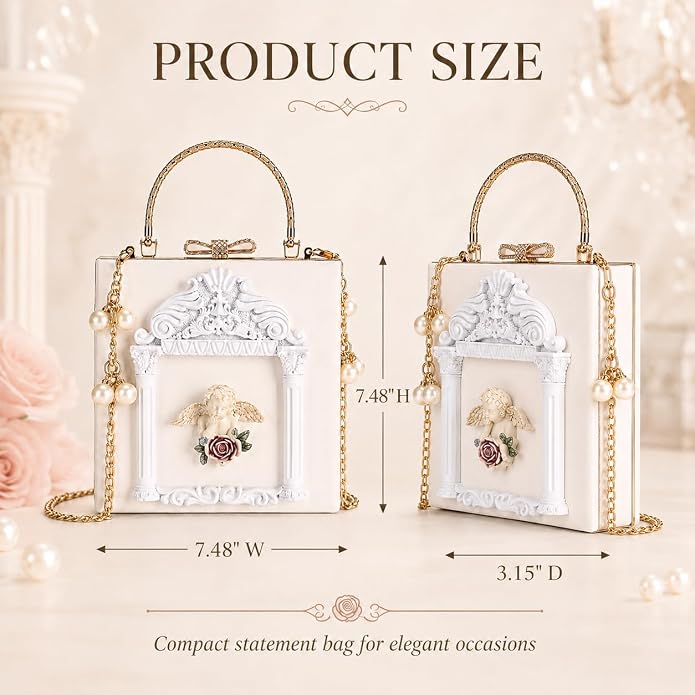 Elegant Ethereal Romance White & Gold Angel Handbag Clutch Purse