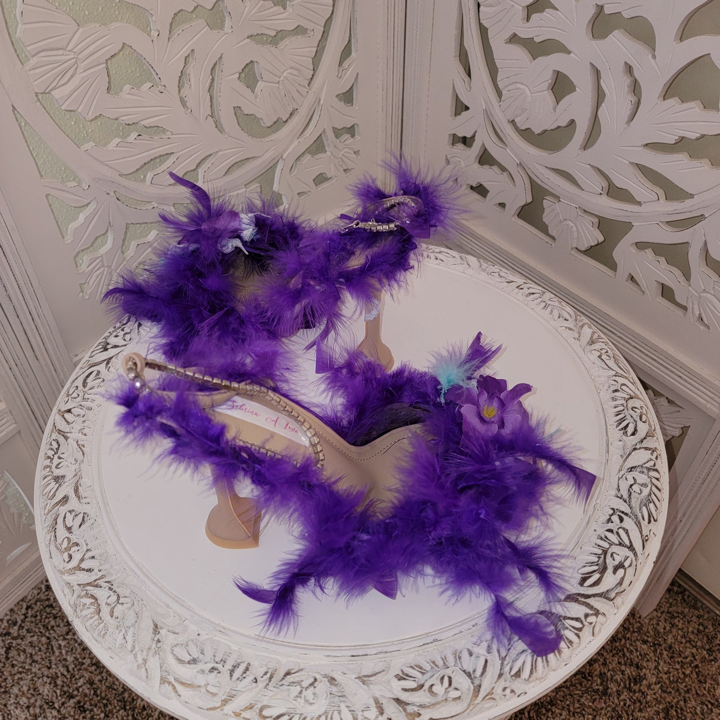 Sexy "VIOLET RAE" Purple Feather Ankle Strap Heels