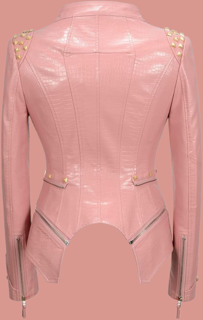Edgy Pink Studded Faux Leather Rocker Biker Jacket