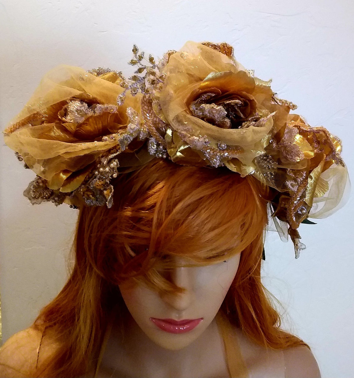 Ethereal Boho Metallic Gold Rose Floral Embroidered Beaded Lace Crystal Bejeweled Bridal Headpiece