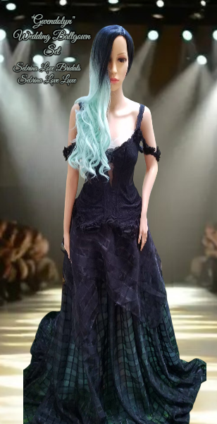 "GWENDOLYN" Custom Order Gothic Romance Black & Green Lace & Tulle Wedding Ballgown Set
