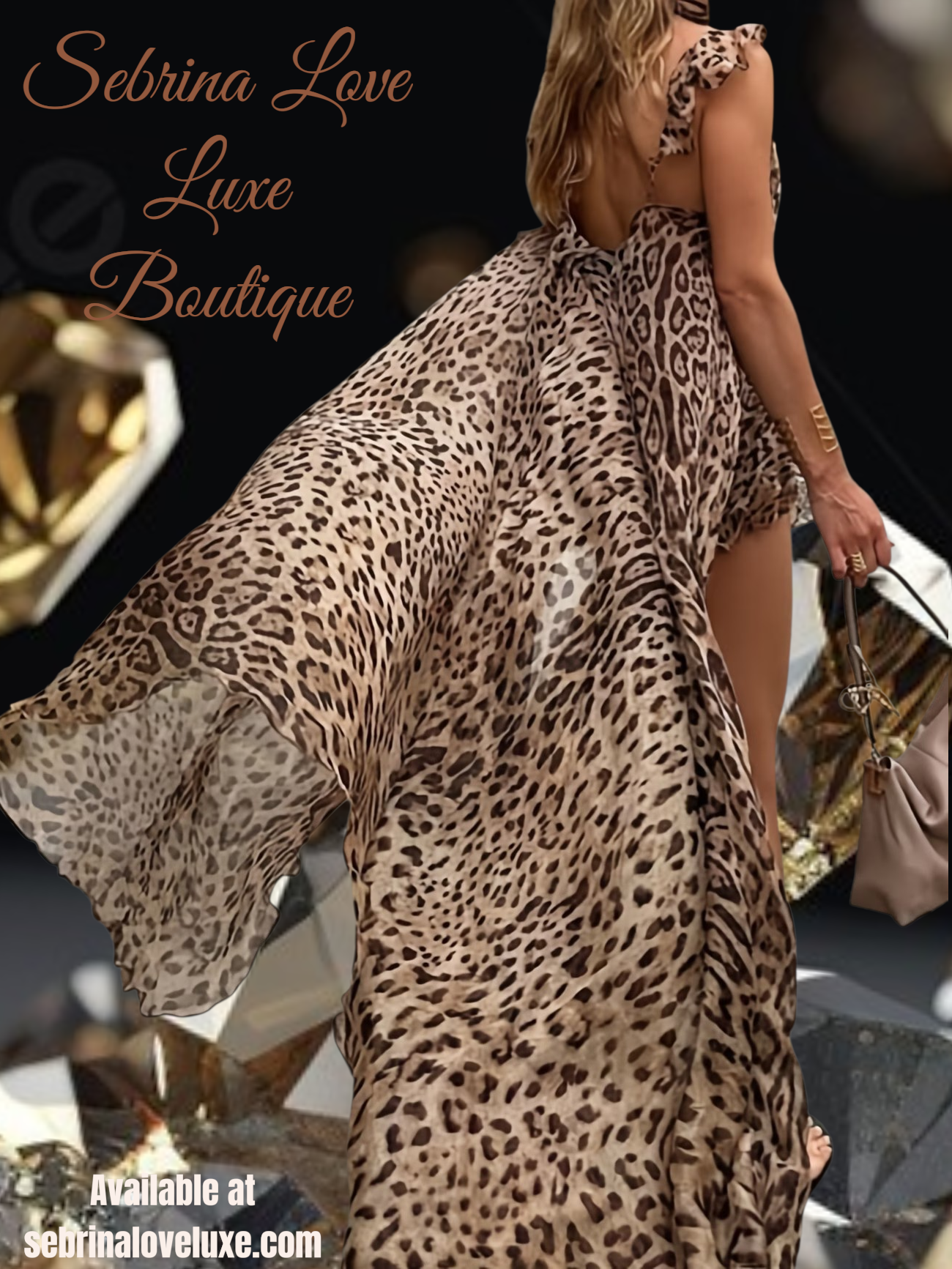 Exotic Flowy Brown & Black Leopard Print 2pc Maxi Top & Floaty Shorts Set
