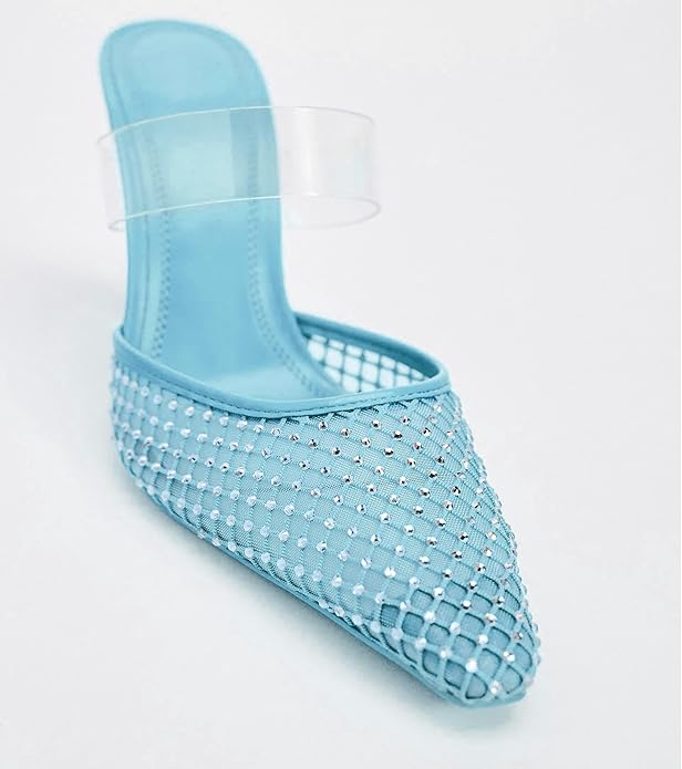 Sexy Blue Rhinestone Crystal Diamante Mesh Mule Heels