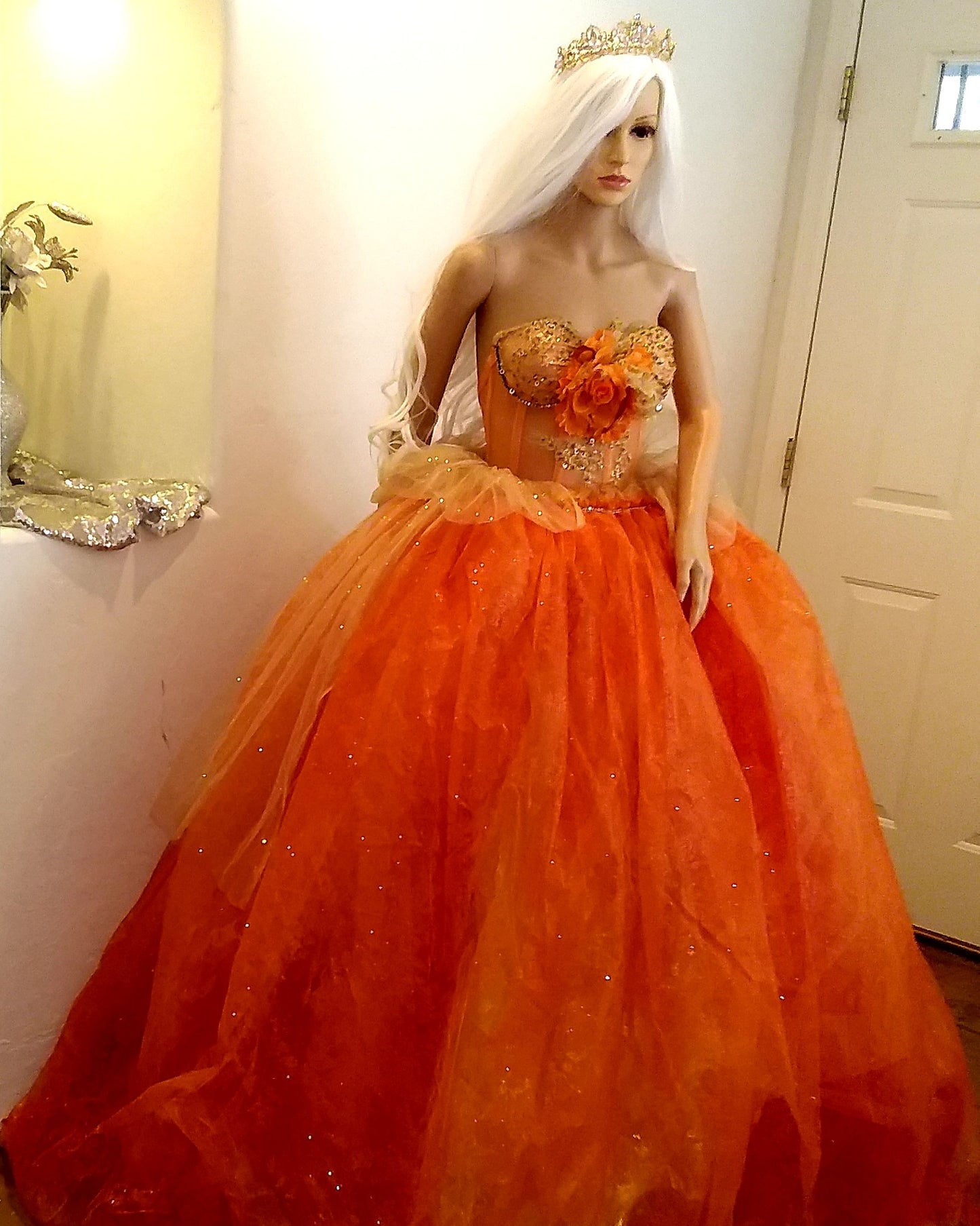 The "AUTUMN" Crystal Orange & Embroidered Lace Boho Festival Wedding Ballgown Set (Custom Order)