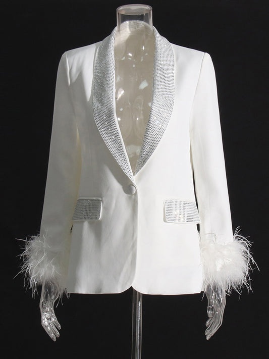 Beautiful White Feather Cuff Crystal Bejeweled Blazer Jacket