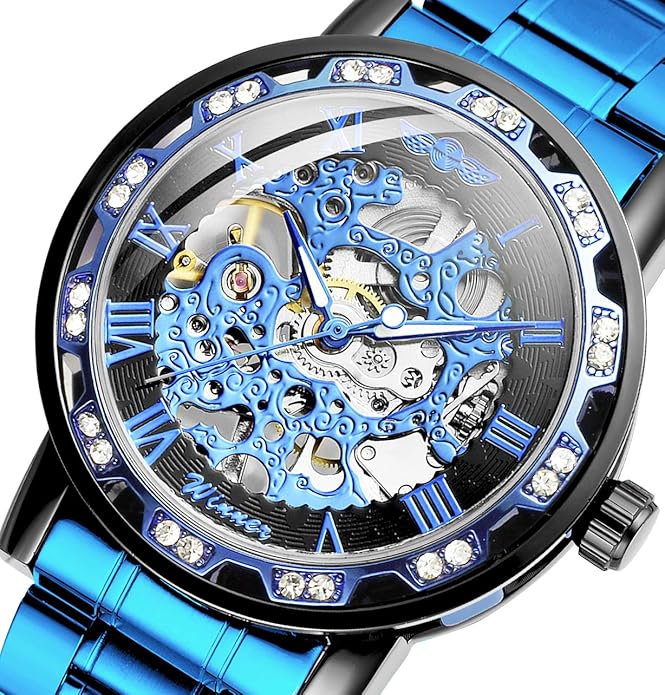 Elegant Cobalt Blue Men's Diamante Crystal Bling Watch