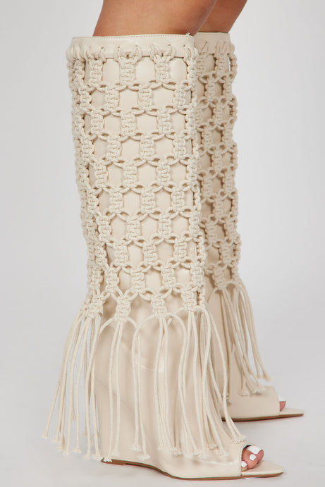 Creamy Ivory Boho Festival Macrame' Knee Boots