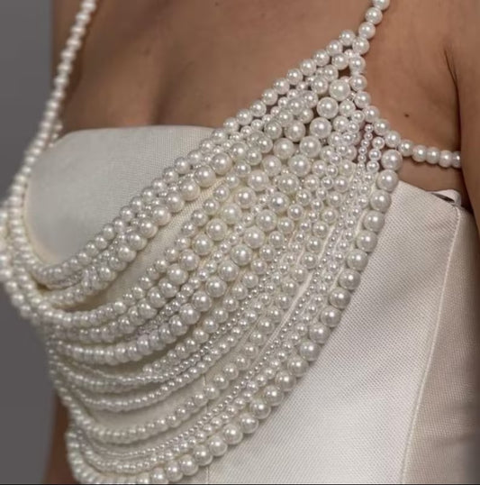 Luxe Draped Faux Pearl Multi Strand Bejeweled Backless Bralette Top Body Jewelry