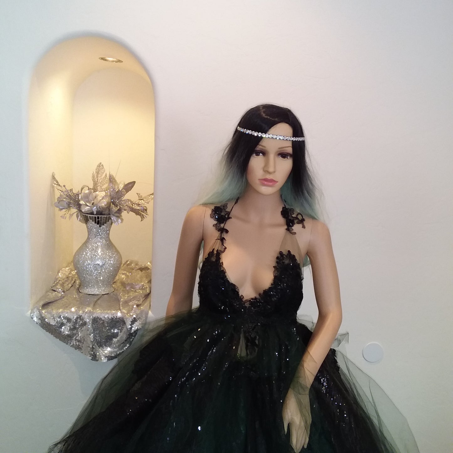 "ESPERANZA" Gothic Romance Black & Green Sequin Lace Tulle 3D Rosette Wedding Ballgown Set (SAMPLE GOWN SET)
