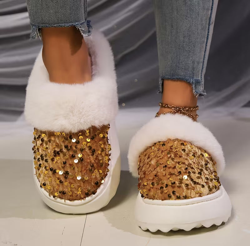 Stylish Gold Sequin Velvet White Faux Fur Trim Outdoor Winter Slip On Flats