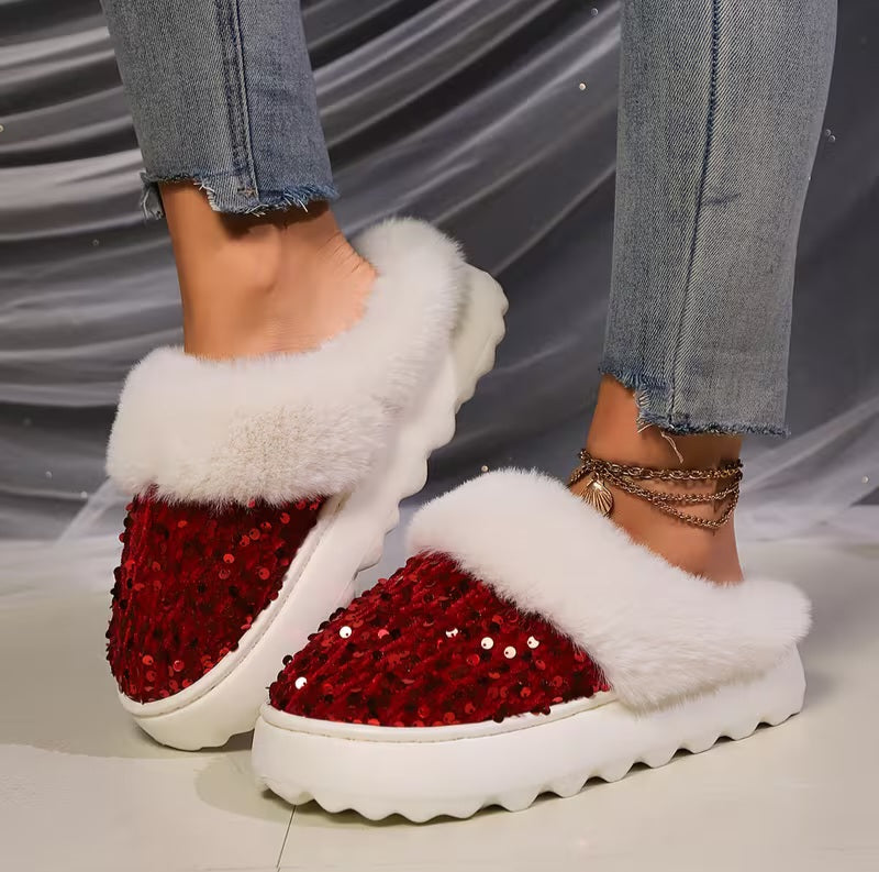 Stylish Red Sequin Velvet White Faux Fur Trim Winter Slippers