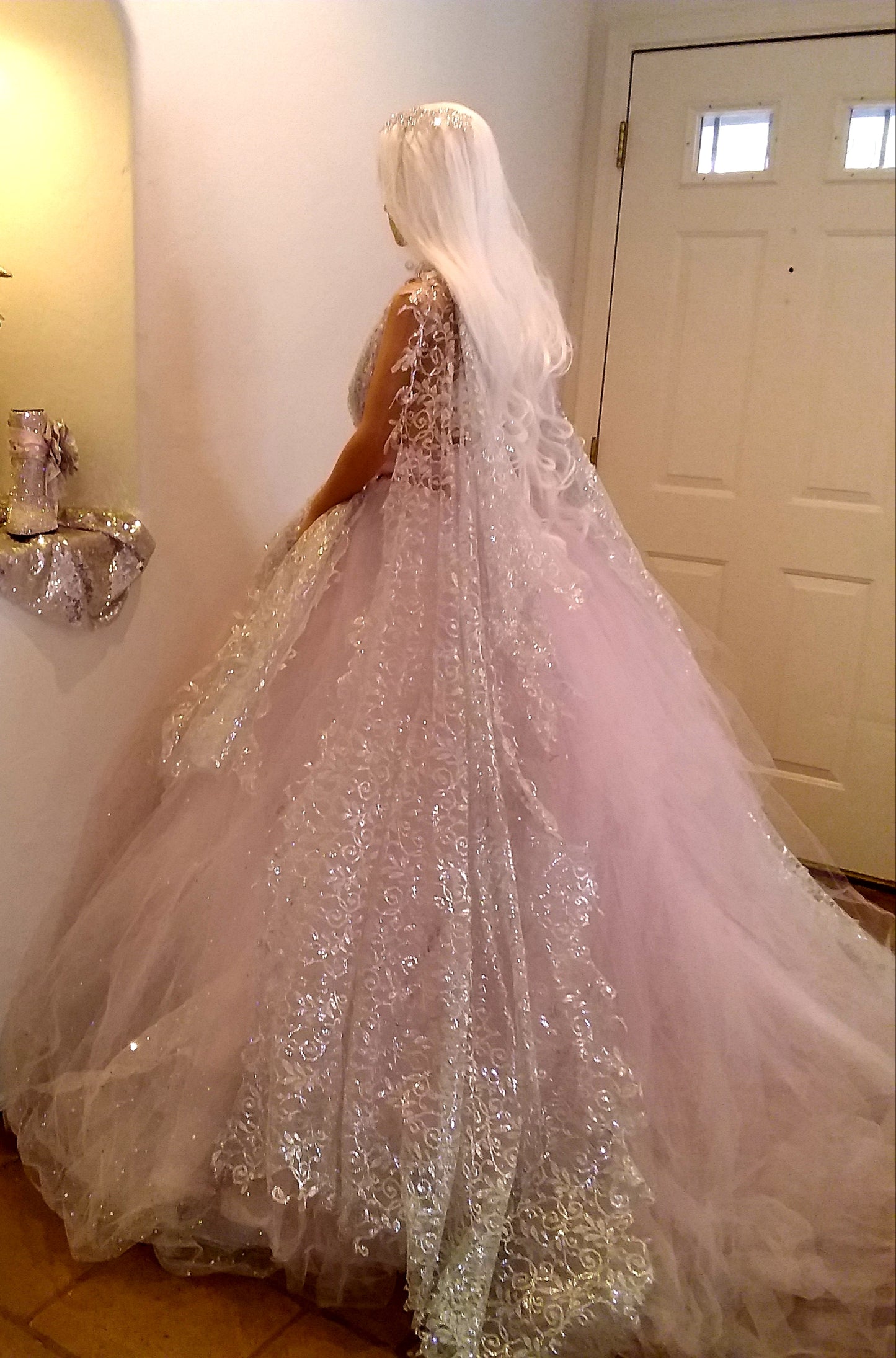 "TINSLEY" Silver, White & Pink Lace & Tulle Wedding Ballgown Set