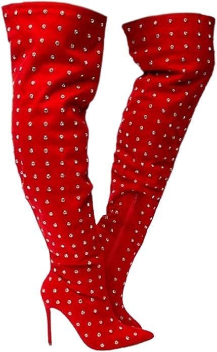 Red Rhinestone Crystal Diamante Over The Knee Thigh Boots