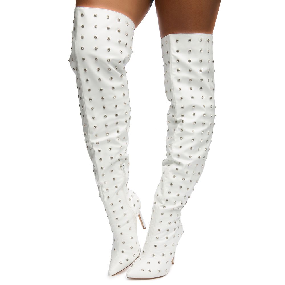 White Rhinestone Crystal Diamante Over The Knee Thigh Boots