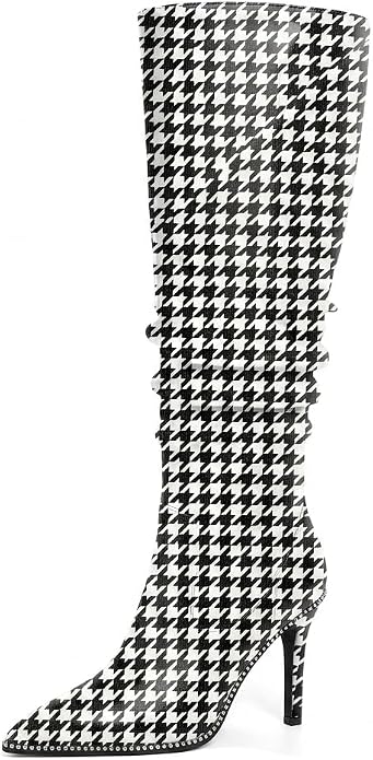 Chic Black & White Houndstooth Knee Boots