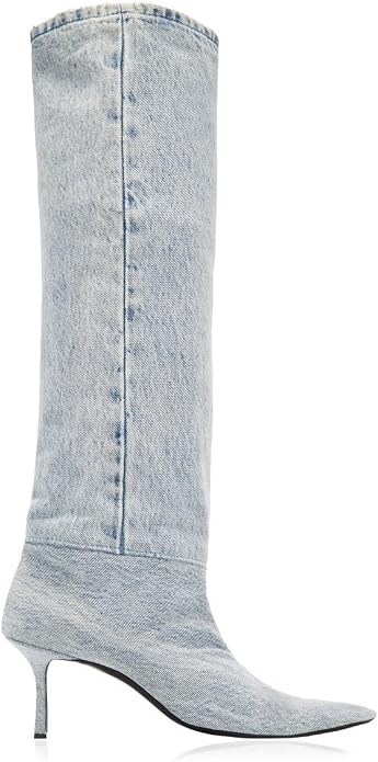 Chic Light Wash Blue Denim Kitten Heel Knee Boots