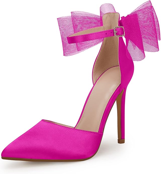 Elegant Pink Tulle Bow Detail Ankle Strap Heels