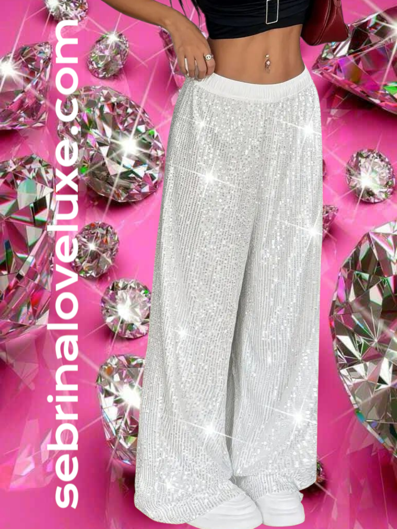 Chic White Sequin Wide Leg Pants