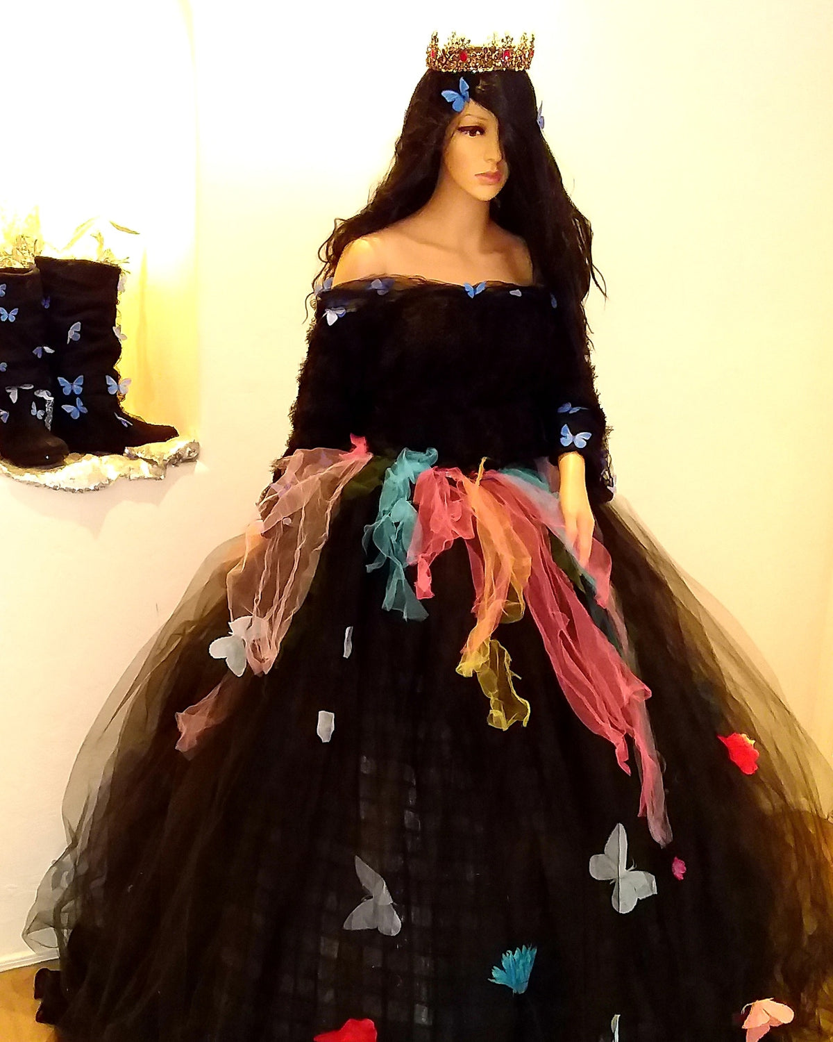 🦋BRANWYN🦋 Custom Order Gothic Romance Black Multicolor Butterfly Lace & Tulle Wedding Ballgown Set